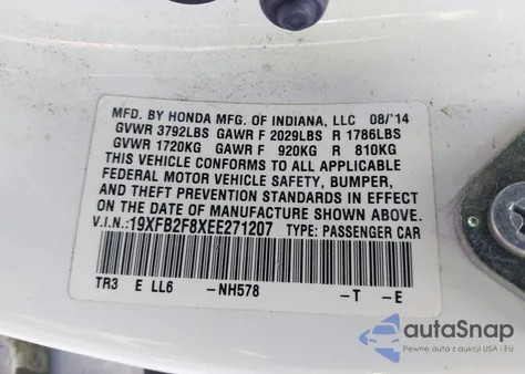 2014 Honda Civic Ex from USA, damaged, VIN 19XFB2F8XEE271207